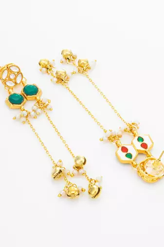 wedding wear kundan green hexagon chandelier earrings with chain tassels