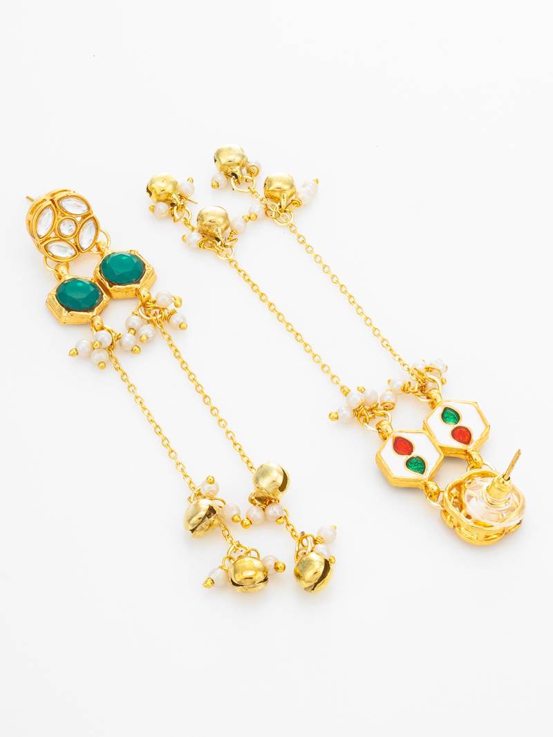 wedding wear kundan green hexagon chandelier earrings with chain tassels
