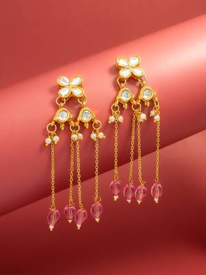 delicate kundan floral chandelier earrings with pink bead tassels 1