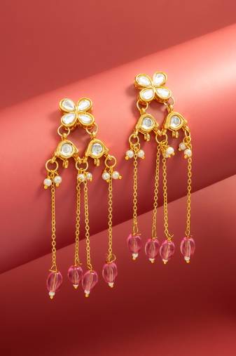 delicate kundan floral chandelier earrings with pink bead tassels
