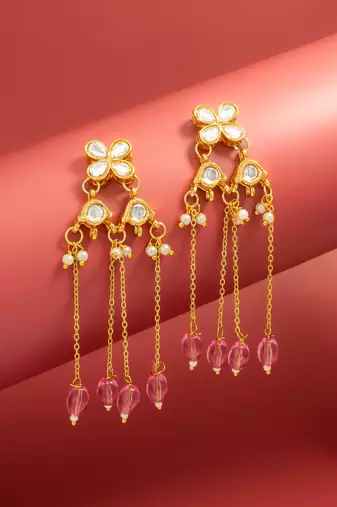 delicate kundan floral chandelier earrings with pink bead tassels
