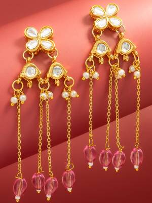 delicate kundan floral chandelier earrings with pink bead tassels 2