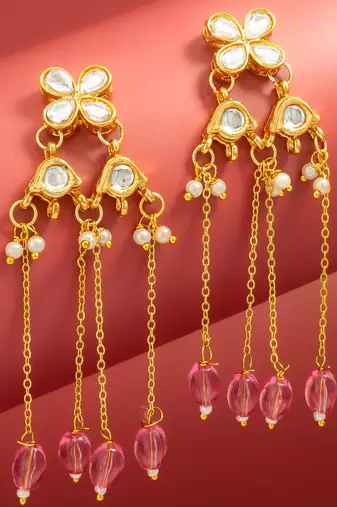 delicate kundan floral chandelier earrings with pink bead tassels