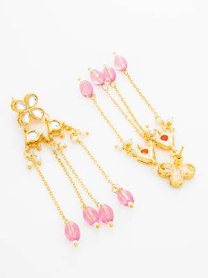 delicate kundan floral chandelier earrings with pink bead tassels 3