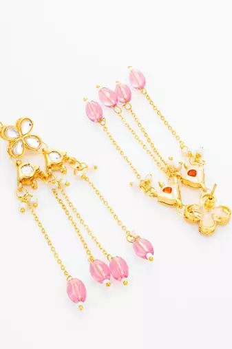 delicate kundan floral chandelier earrings with pink bead tassels