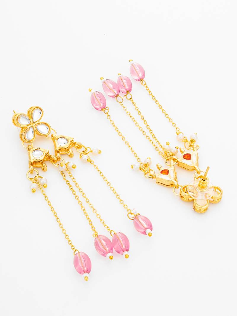 delicate kundan floral chandelier earrings with pink bead tassels