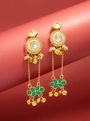 kundan chain drop earrings with green floral charm and ghungroo 1