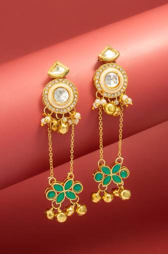 kundan chain drop earrings with green floral charm and ghungroo
