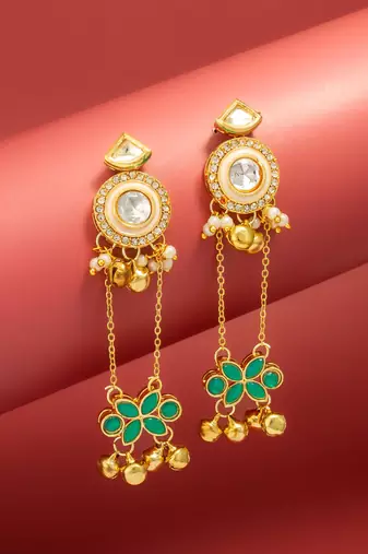 kundan chain drop earrings with green floral charm and ghungroo