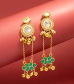 kundan chain drop earrings with green floral charm and ghungroo