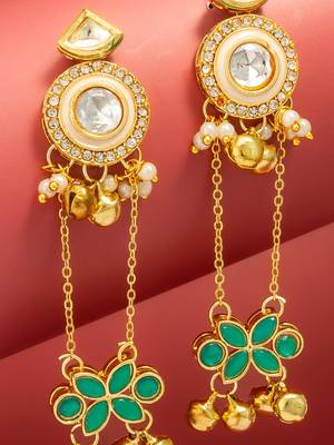 kundan chain drop earrings with green floral charm and ghungroo 2