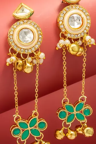 kundan chain drop earrings with green floral charm and ghungroo