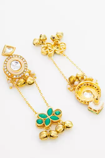 kundan chain drop earrings with green floral charm and ghungroo