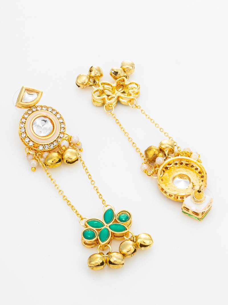 kundan chain drop earrings with green floral charm and ghungroo