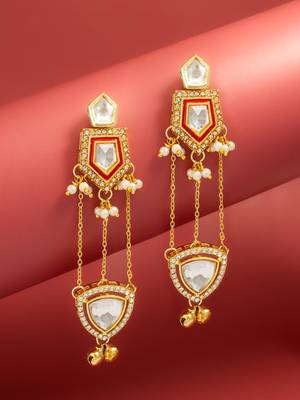 bridal wear kundan maroon enamel chandelier earrings with pearl chain drops 1
