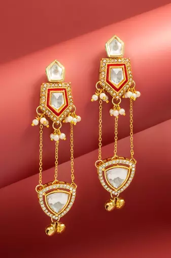 bridal wear kundan maroon enamel chandelier earrings with pearl chain drops