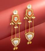bridal wear kundan maroon enamel chandelier earrings with pearl chain drops