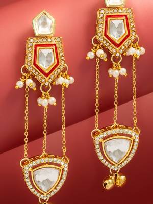 bridal wear kundan maroon enamel chandelier earrings with pearl chain drops 2
