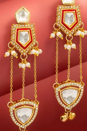 bridal wear kundan maroon enamel chandelier earrings with pearl chain drops