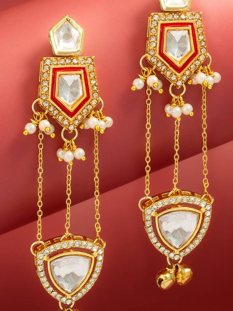 bridal wear kundan maroon enamel chandelier earrings with pearl chain drops