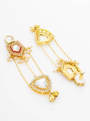 bridal wear kundan maroon enamel chandelier earrings with pearl chain drops 3