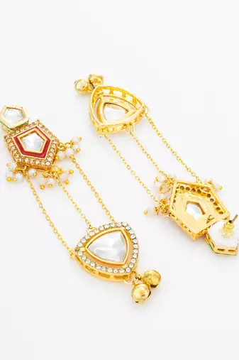 bridal wear kundan maroon enamel chandelier earrings with pearl chain drops