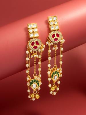 bridal wear kundan pink stone chandelier earrings with pearl bead chains 1