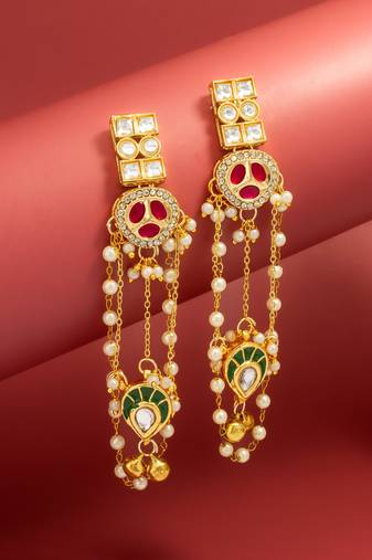bridal wear kundan pink stone chandelier earrings with pearl bead chains