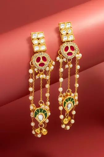 bridal wear kundan pink stone chandelier earrings with pearl bead chains