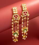 bridal wear kundan pink stone chandelier earrings with pearl bead chains