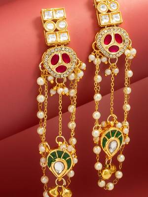 bridal wear kundan pink stone chandelier earrings with pearl bead chains 2