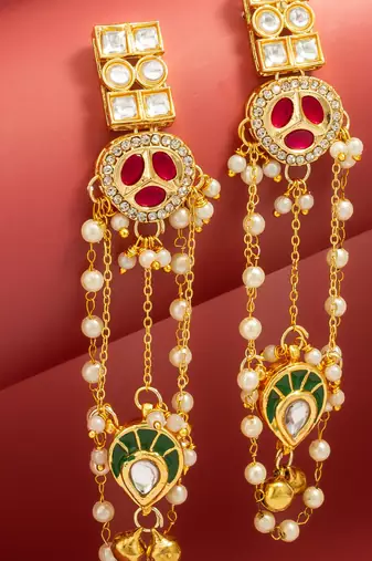 bridal wear kundan pink stone chandelier earrings with pearl bead chains