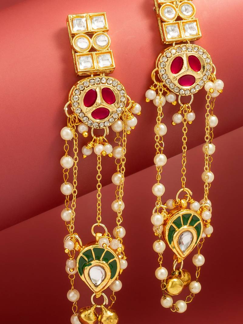 bridal wear kundan pink stone chandelier earrings with pearl bead chains
