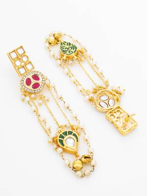 bridal wear kundan pink stone chandelier earrings with pearl bead chains 3