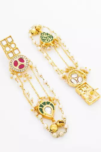 bridal wear kundan pink stone chandelier earrings with pearl bead chains