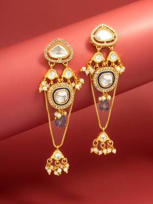 wedding wear kundan navy blue chandelier earrings with blue bead drop 1