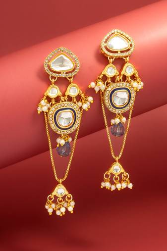 wedding wear kundan navy blue chandelier earrings with blue bead drop