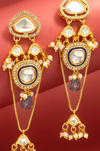 wedding wear kundan navy blue chandelier earrings with blue bead drop