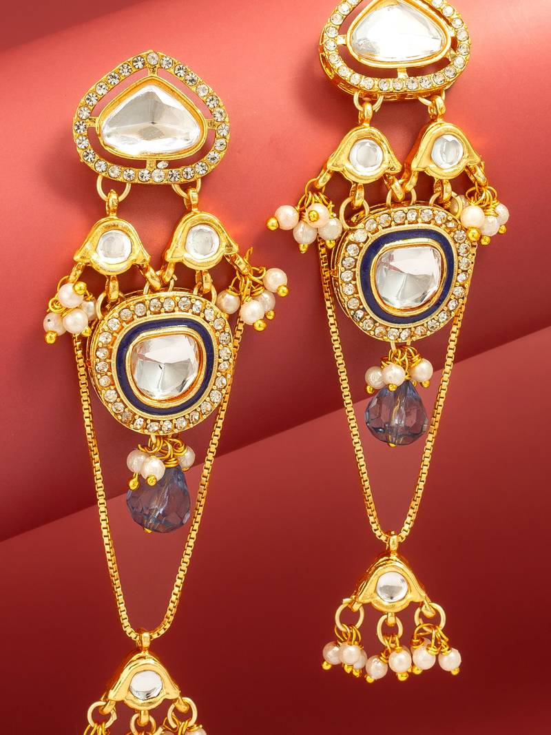 wedding wear kundan navy blue chandelier earrings with blue bead drop