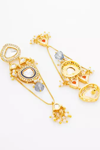 wedding wear kundan navy blue chandelier earrings with blue bead drop