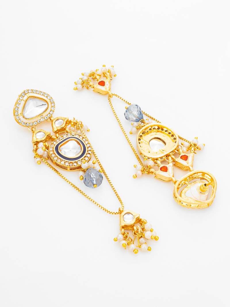 wedding wear kundan navy blue chandelier earrings with blue bead drop