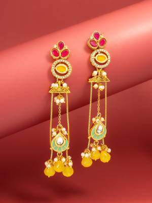long kundan chandelier earrings with yellow bead tassels 1