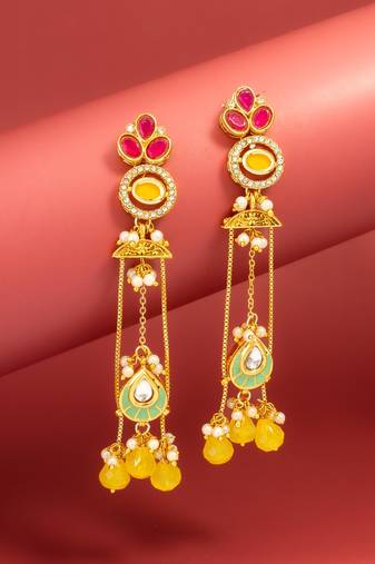 long kundan chandelier earrings with yellow bead tassels