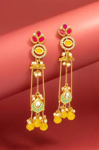 long kundan chandelier earrings with yellow bead tassels