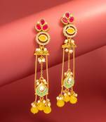 long kundan chandelier earrings with yellow bead tassels