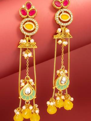 long kundan chandelier earrings with yellow bead tassels 2