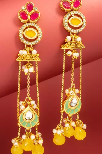 long kundan chandelier earrings with yellow bead tassels