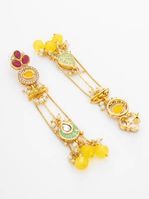 long kundan chandelier earrings with yellow bead tassels 3