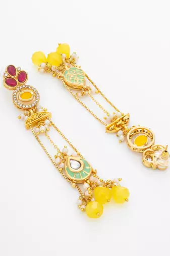 long kundan chandelier earrings with yellow bead tassels