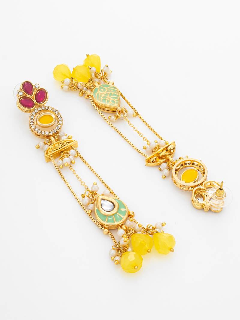 long kundan chandelier earrings with yellow bead tassels